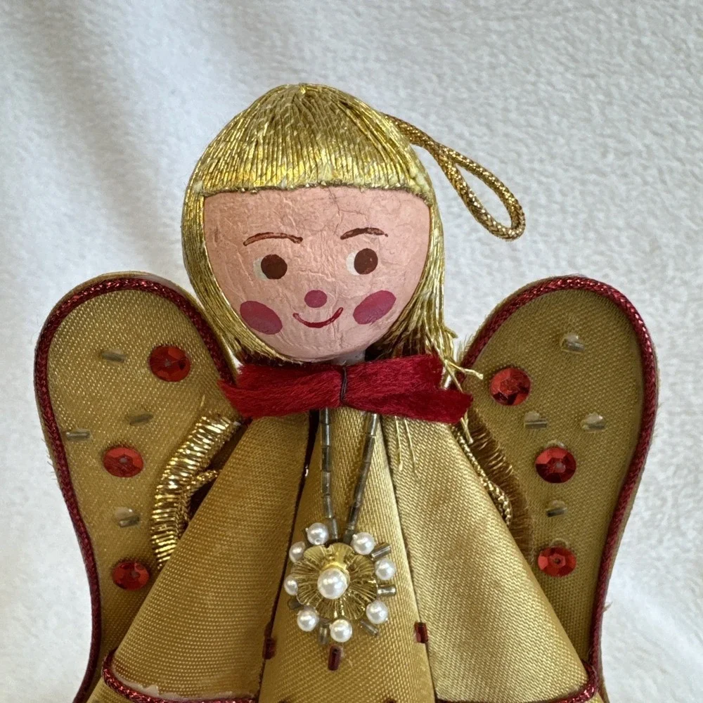 Vintage Gold Fabric Angel Christmas‎ Tree Topper Ornament Sequin Bead MCM